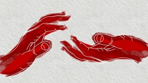 Two drawn hands are pictured with palms open to the other hand