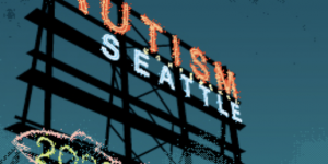 A replica of the Pike Place Market sign that say Autism Seattle 2022.